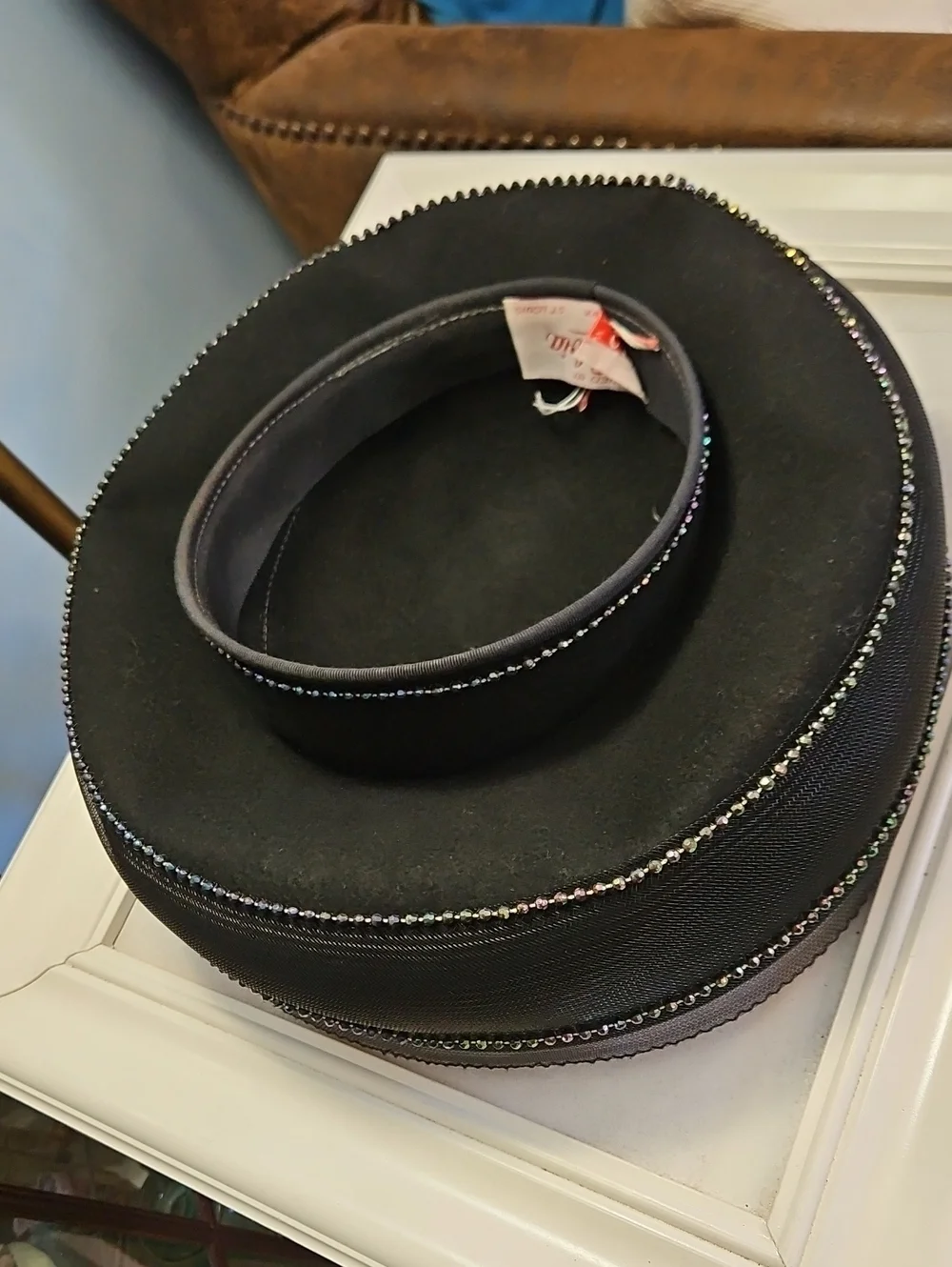 Vintage 1980's Sylvia Black Breton Decorative Women's Hat with Rhinestone Trim